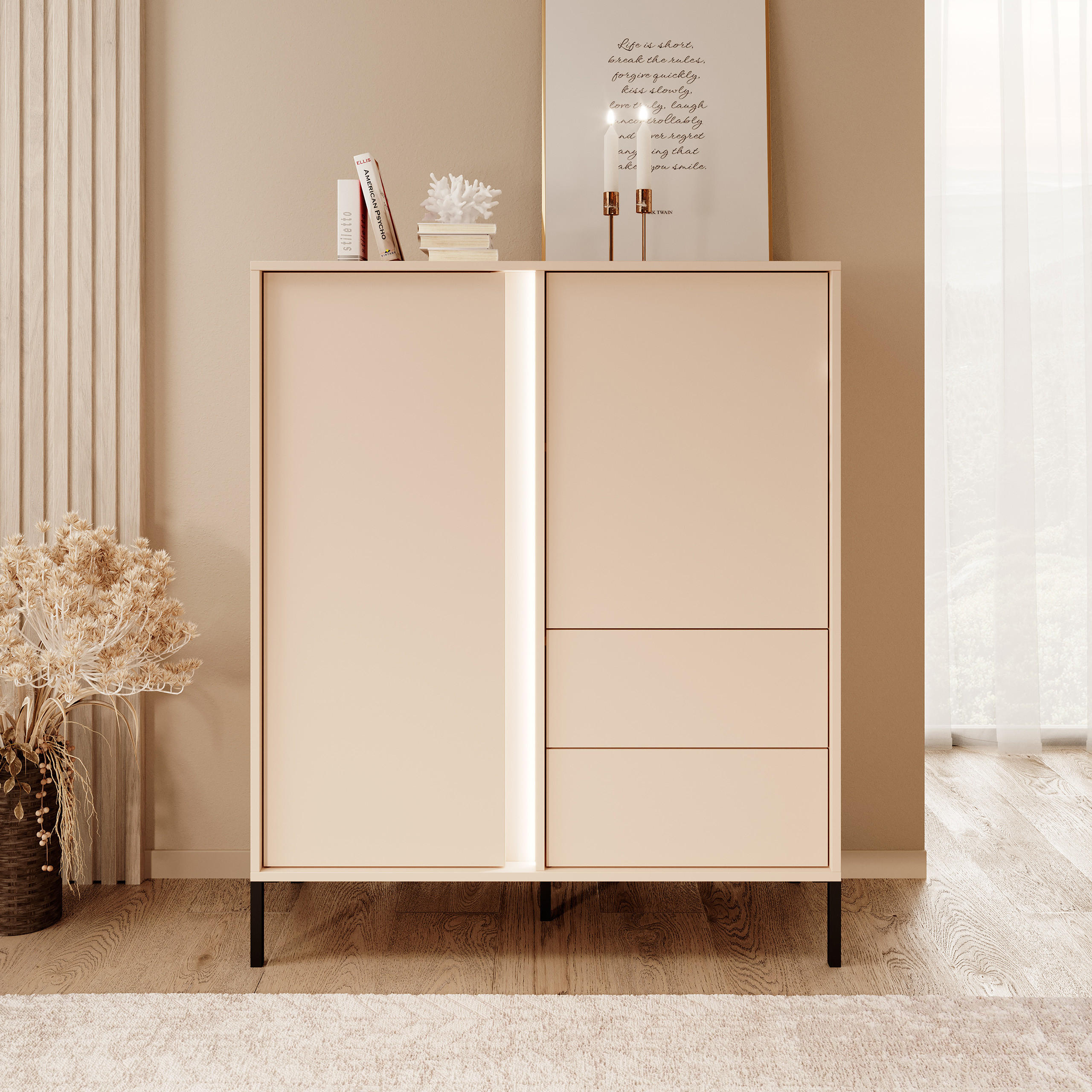HIGHBOARD DASTINO 103/123/40 cm mit 2 Schubladen und 2 Türen Beige - Beige, Holzwerkstoff (103/123/40cm) - MASSENO