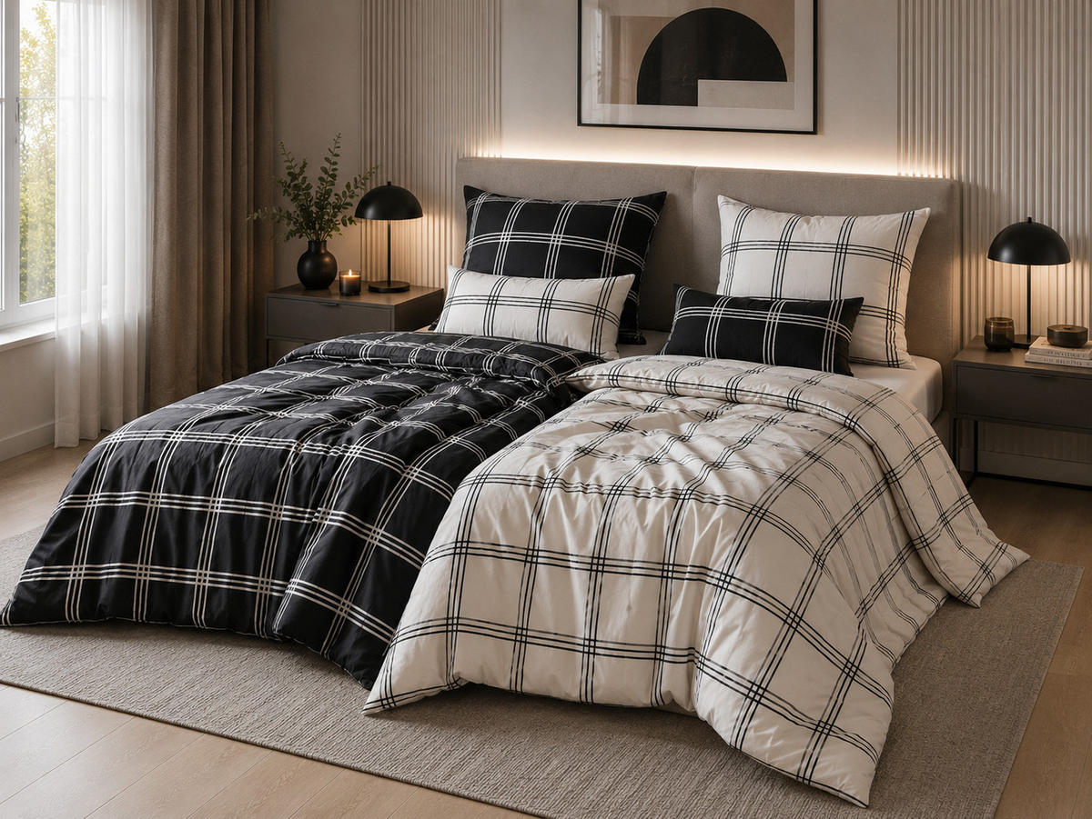 BETTWÄSCHE 155x220 cm Extra Lang – Wendebettwäsche Schwarz-Weiß kariert aus 100 % Baumwolle - Multicolor, Naturmaterialien (155/220cm) - Nesbel – Beauty & Ambiente