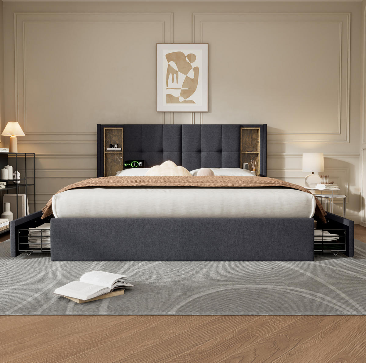 BETT mit 4 Schubladen und Ladestation 160x200 cm Leinen Grau - Grau, Metall (160/200cm) - Meubliv