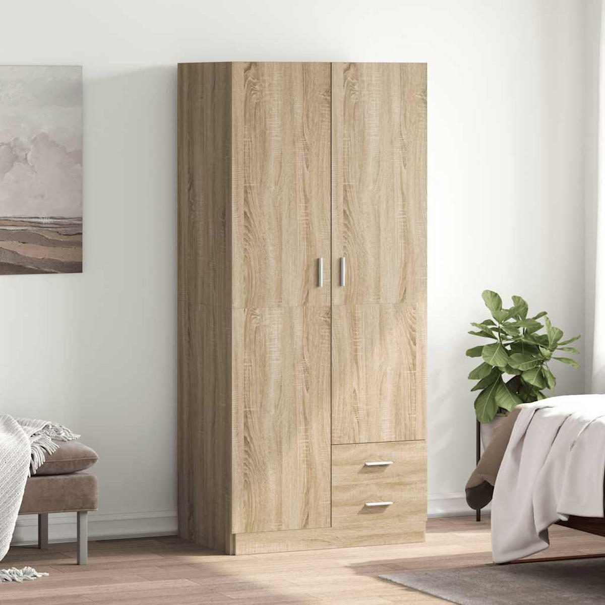 KLEIDERSCHRANK 2-Türig mit 2 Schubladen 80/52/180 cm aus Holzwerkstoff Sonoma-Eiche Dekor - Silberfarben/Sonoma Eiche, Holz (80/180/52cm) - vidaXL