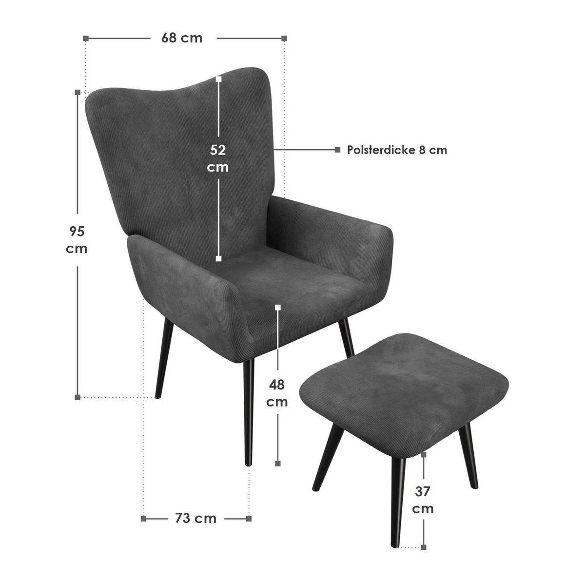 OHRENSESSEL Odense mit Hocker Cord Grau - Grau, Textil (68/95/73cm) - Juskys