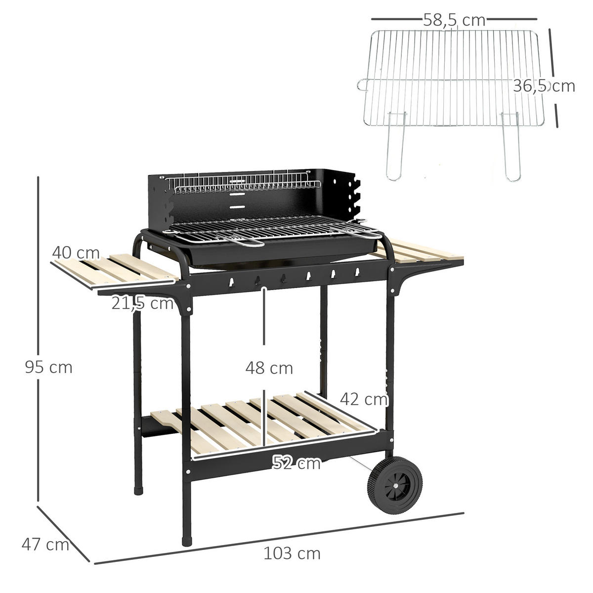 HOLZKOHLEGRILL aus Metall - Schwarz, Metall (47/95/103cm) - Outsunny
