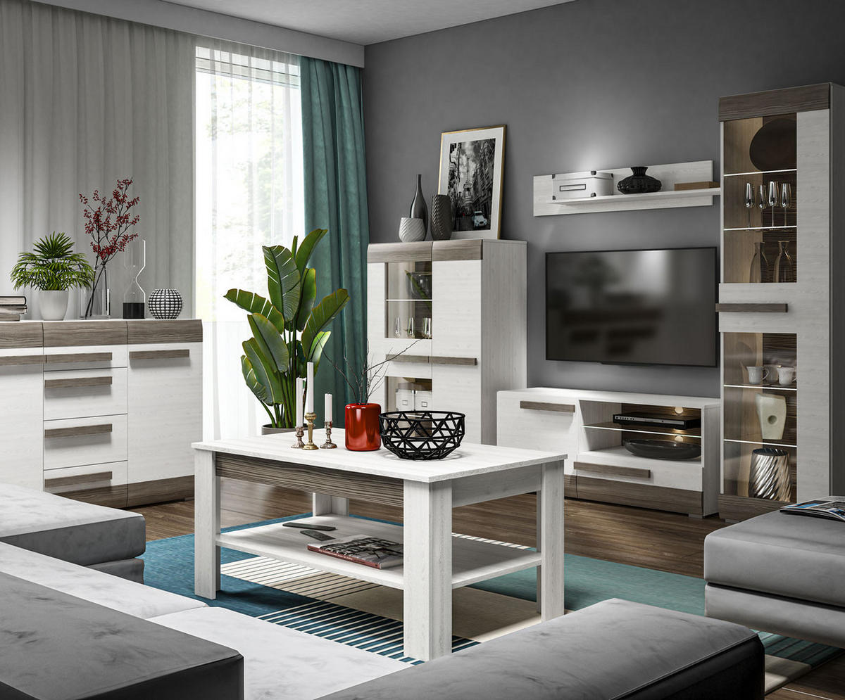 WOHNZIMMER-SET Blanco Pinie weiß / grau 6-teilig - Weiß, Holz/Holzwerkstoff (413/202/67cm) - Feldmann-Wohnen
