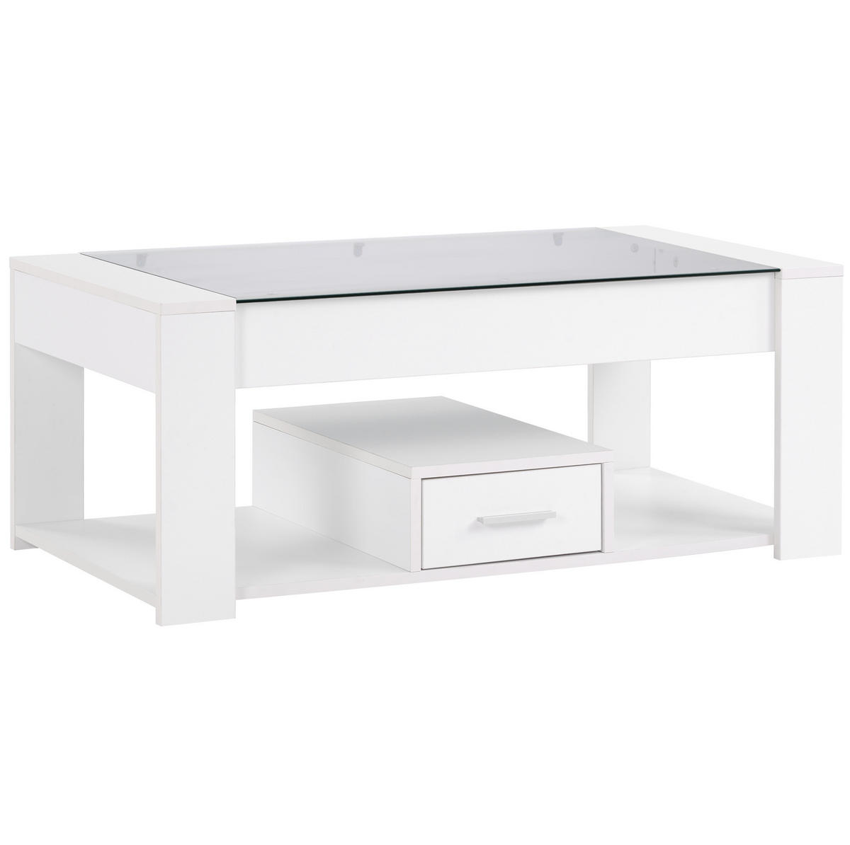 COUCHTISCH aus Spanplatte 100x50x40 cm Weiß mit Glasplatte, 2 Schubladen und offenem Stauraum - Weiß, Holzwerkstoff (100/50/40cm) - Modfu