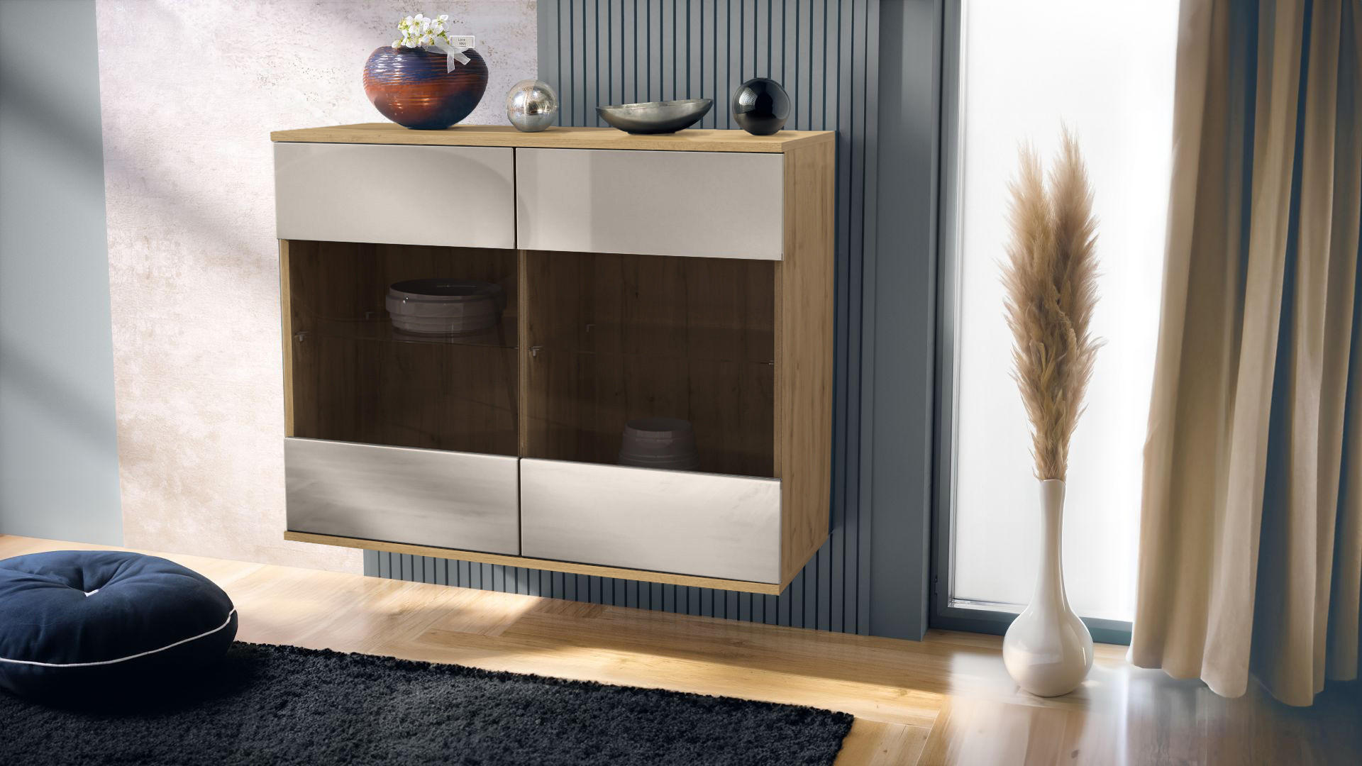 KOMMODE Bari Sandgrau Hochglanz - Sandfarben, Holzwerkstoff (92.5/73.5/35cm) - Vladon