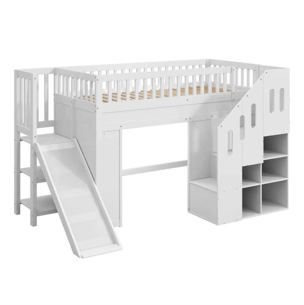 ETAGENBETT 90/200 cm in Weiß mit Rutsche, Stauraumtreppe und LED-Beleuchtung - Weiß, Holzwerkstoff (90/200cm) - OKMYHOME