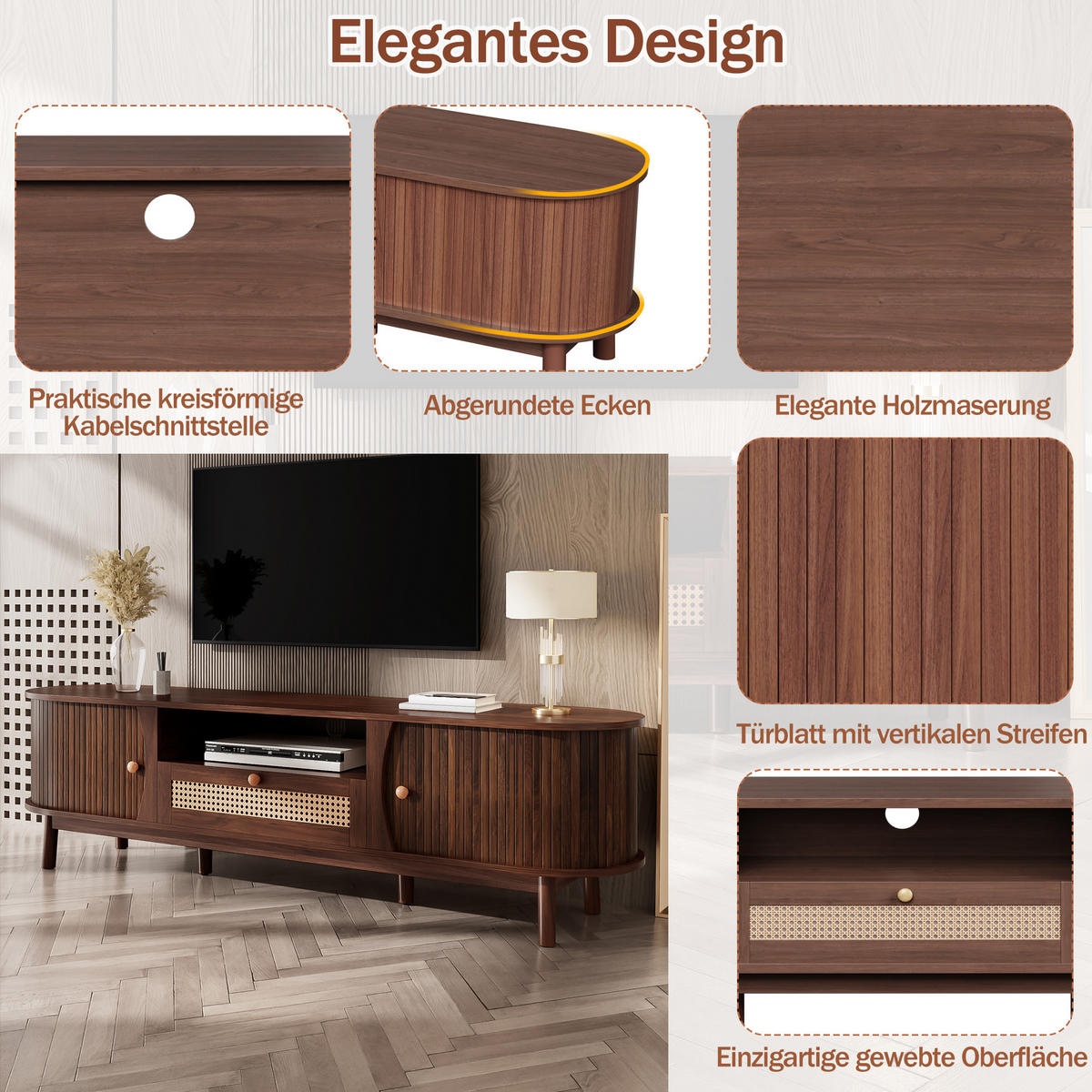TV-SCHRANK Rattan Landhaus Türen Schubladen Massivholz - Walnussfarben, Holzwerkstoff (37/46/165cm) - FLIEKS