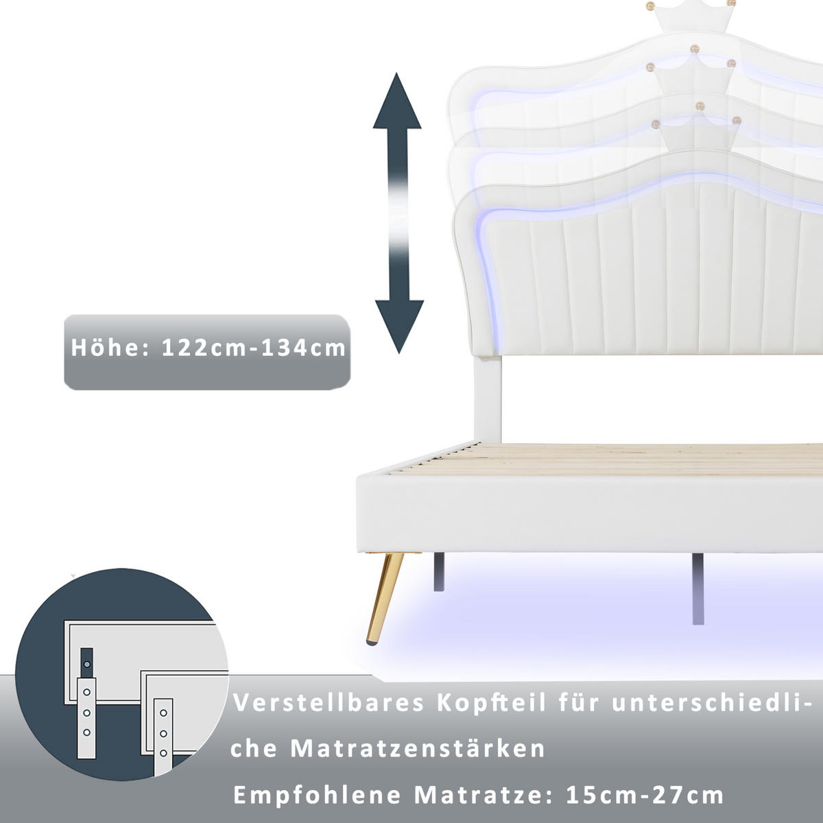 KINDERPOLSTERBETT 90/200 cm oder 140/200 cm Weiß aus Kunstleder mit LED und verstellbarem Kopfteil - Weiß, Textil (90/200cm) - OKMYHOME