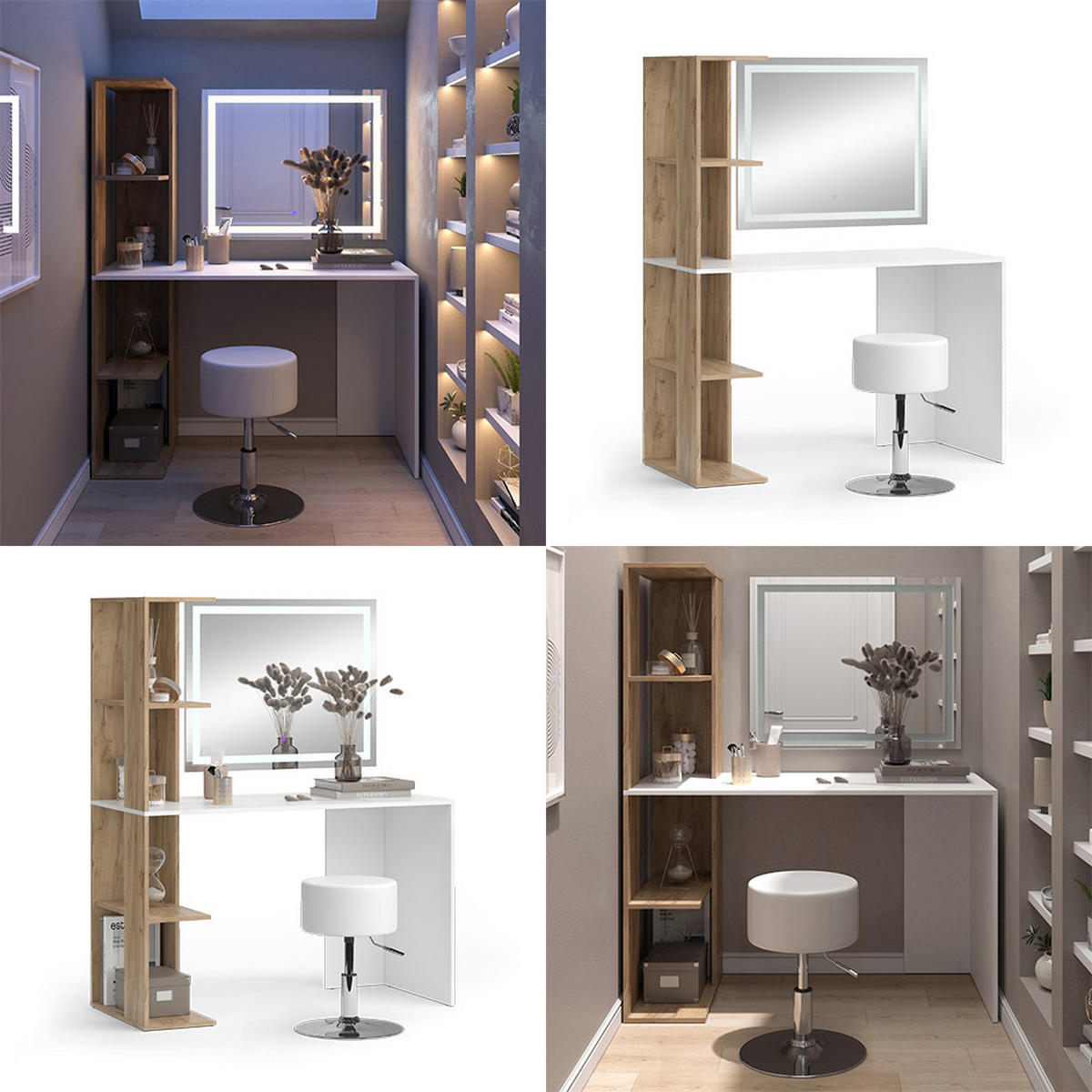 SCHMINKTISCH Tower Weiß/Sonoma 122.2 cm mit LED-Spiegel und Hocker - Weiß/Sonoma Eiche, Holzwerkstoff (122.2/75.8/55.2cm) - Vicco