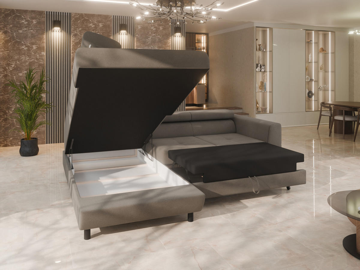 ECKSCHLAFSOFA Vena III mit Schlaffunktion und Bettkasten, Links montierbar, Cappuccino - Cappuccino, Holz (199/254cm) - Homesy