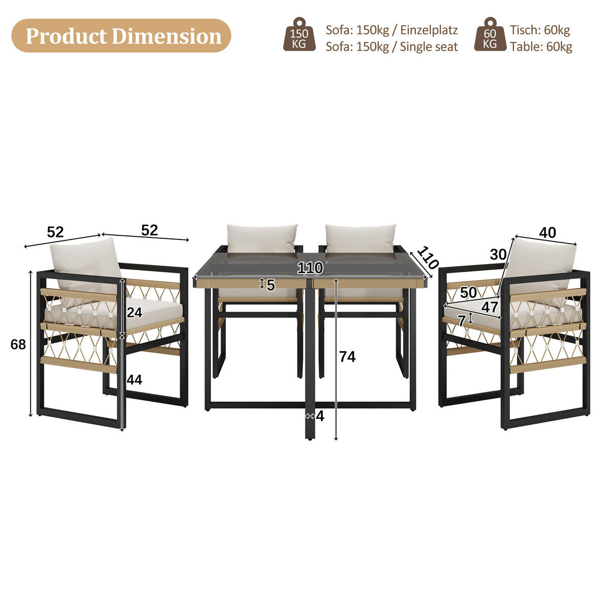 GARTENSET 4 Personen Beige Inkl. Glastisch & 4 Sesseln - Beige, Metall - FLIEKS