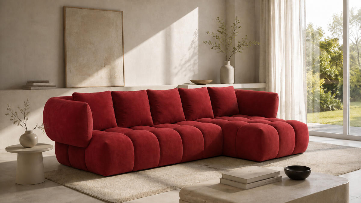 ECKSOFA L-Form, Veloursstoff Bluvel, Rotwein, Rechts, SEVIO L - Weinrot, Holz (242/175cm) - Kaiser Möbel
