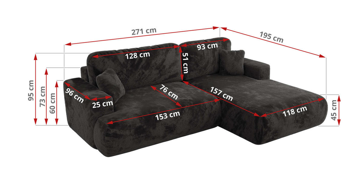 ECKSOFA OVO L Dunkelgrau Plüsch - Links Seite - Dunkelgrau/Schwarz, Kunststoff/Textil (271/195cm) - MKS