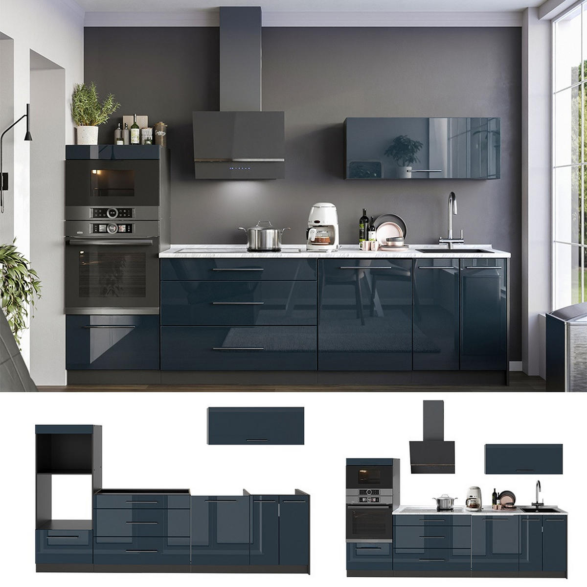 KÜCHENZEILE Fame-Line, Dunkelblau Hochglanz/Anthrazit, 280 cm, AP Eiche - Anthrazit/Dunkelblau, Holzwerkstoff (280/153.6/60cm) - Vicco