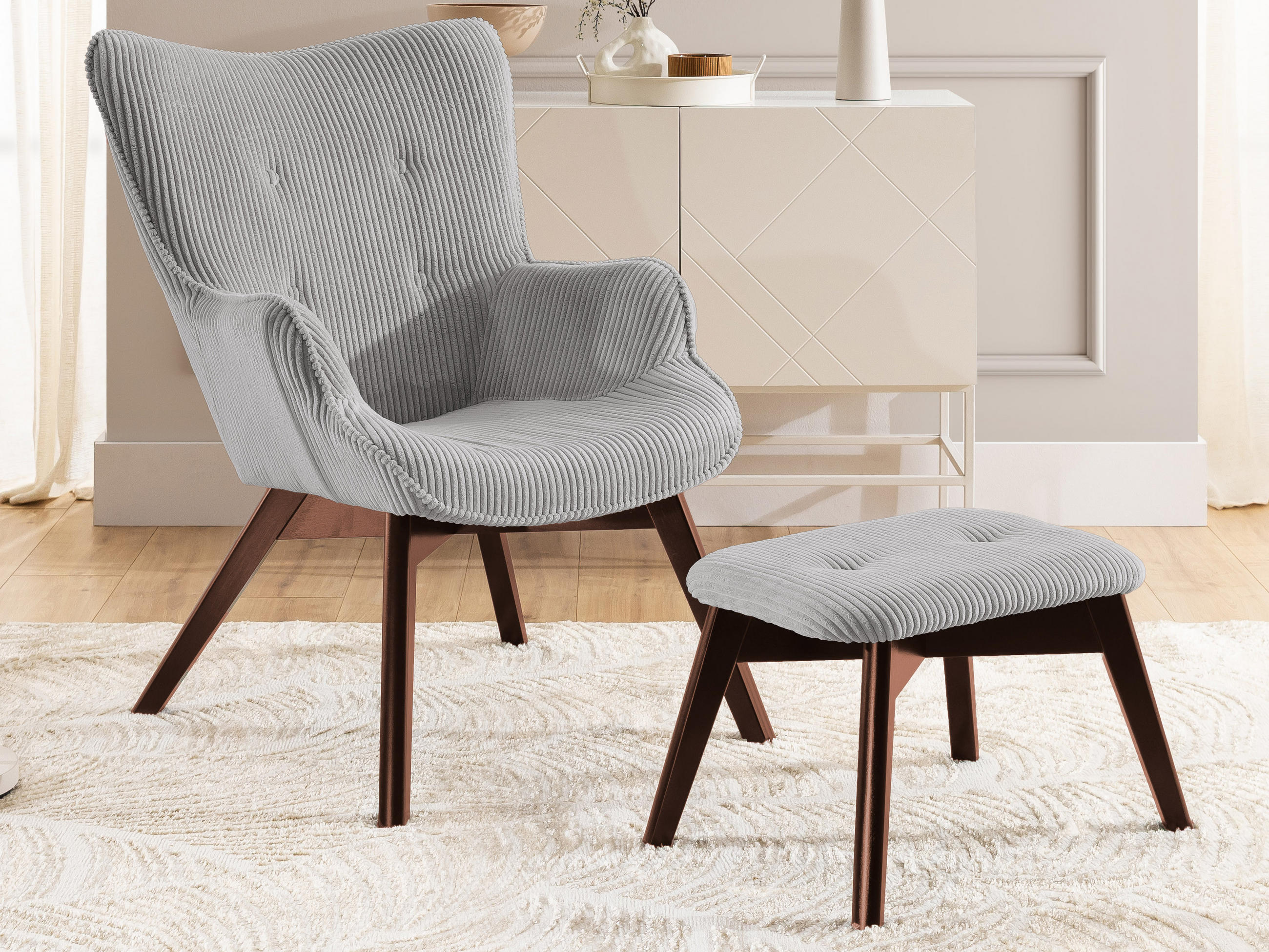 LOUNGESESSEL mit Fußhocker Lenari Hellgrau Cordstoff mit Füßen in Braun - Hellgrau/Braun, Holz/Textil (71/96/86cm) - S-Style Möbel