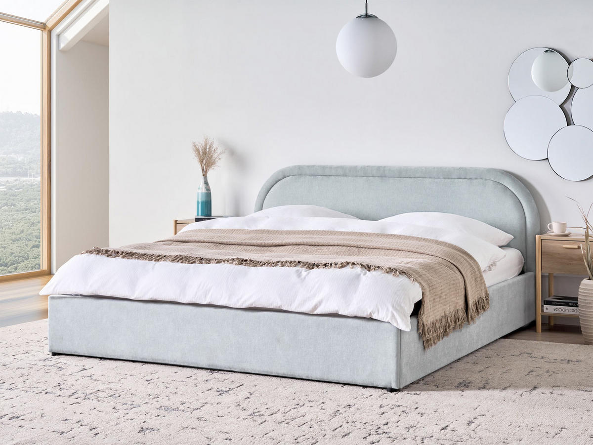 BETT mit Stauraum 180/200 cm Chenillegewebe Hellblau Quillien - Hellblau, Textil (180/200cm) - Beliani