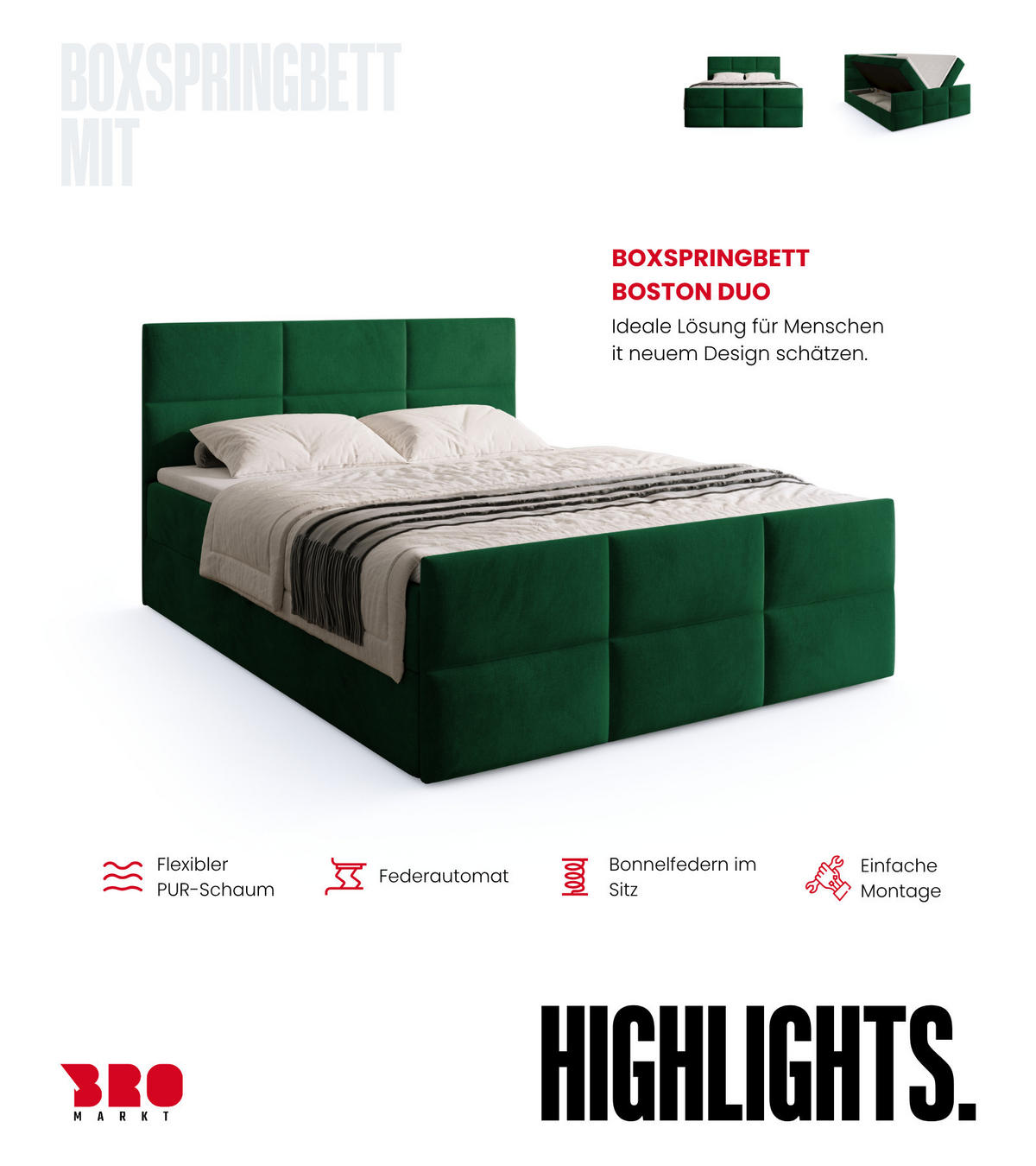 BOXSPRINGBETT Boston Duo Mit Bettkasten, Topper und Matratze Dunkelgrün Kronos 19 160x200 cm - Dunkelgrün/Schwarz, Textil (160/200cm) - Bromarkt