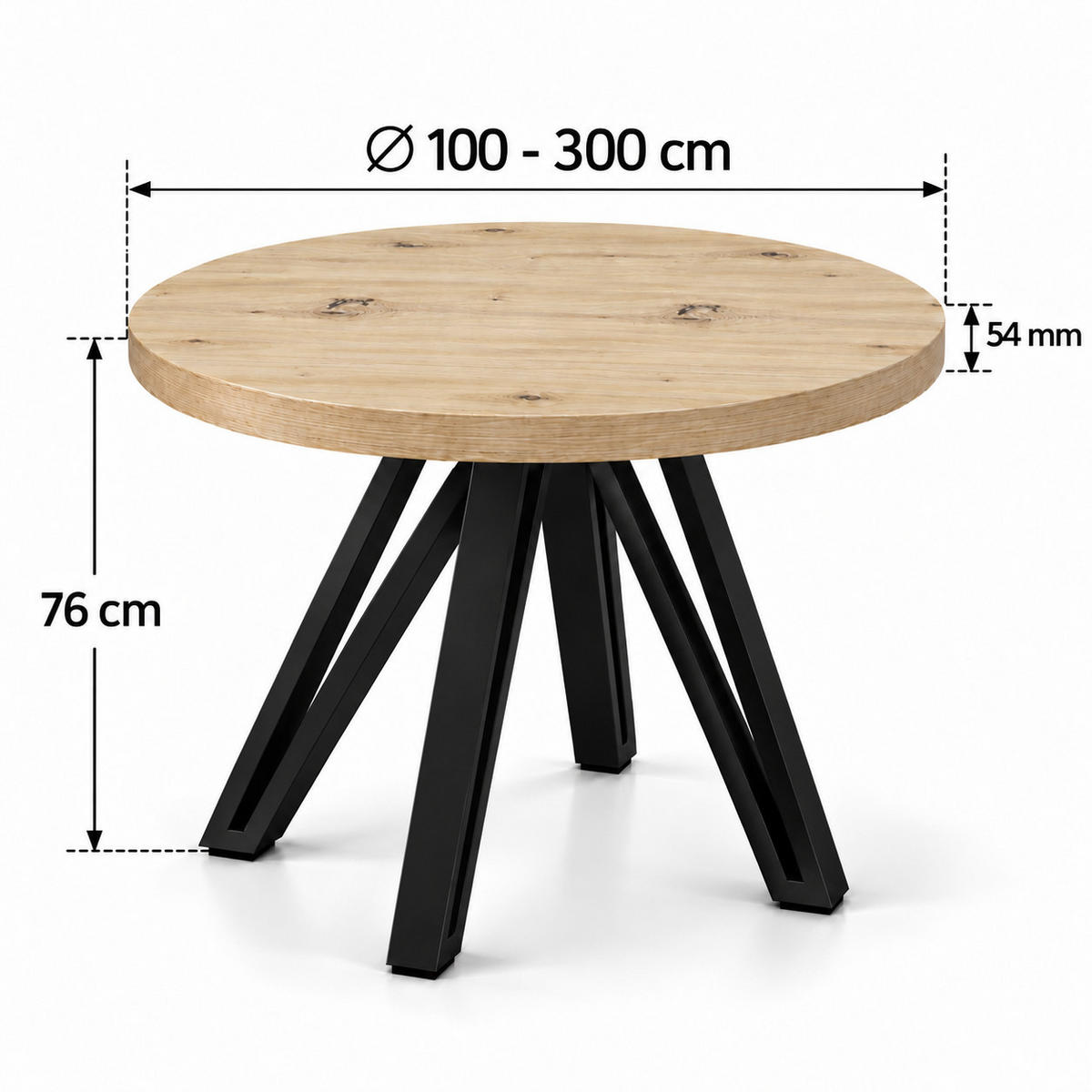 ESSTISCH rund ausziehbar 100/300/76 cm, Eiche Artisan, 54 cm Tischplatte + Industrial Metallgestell Schwarz - Schwarz/Eiche Artisan, Holzwerkstoff/Metall (100/300/76cm) - Damale Möbel