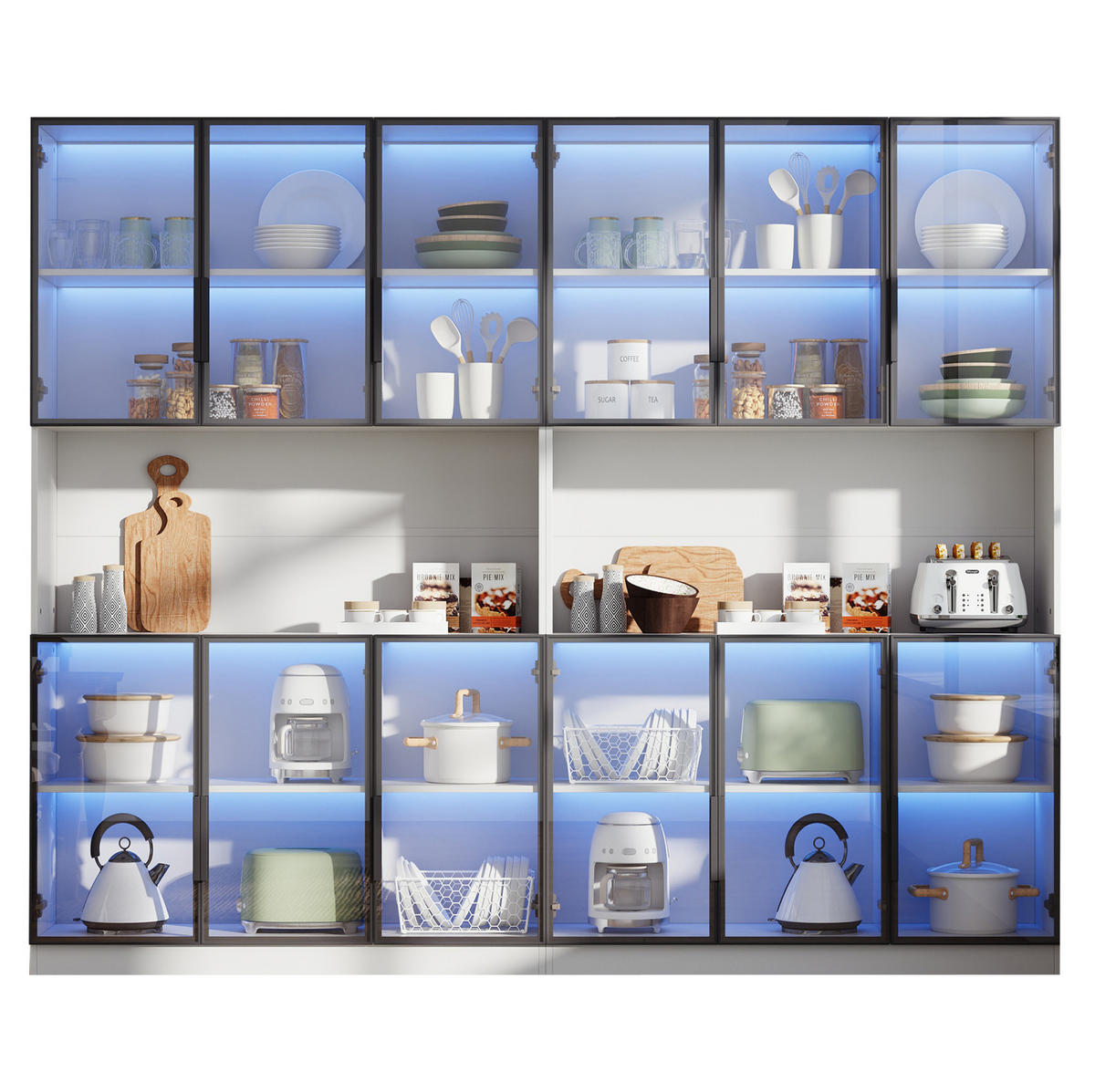 VITRINE aus MDF & Glas 240x34x200cm in Weiß mit LED - Weiß, Holzwerkstoff (240/200/40cm) - Modfu