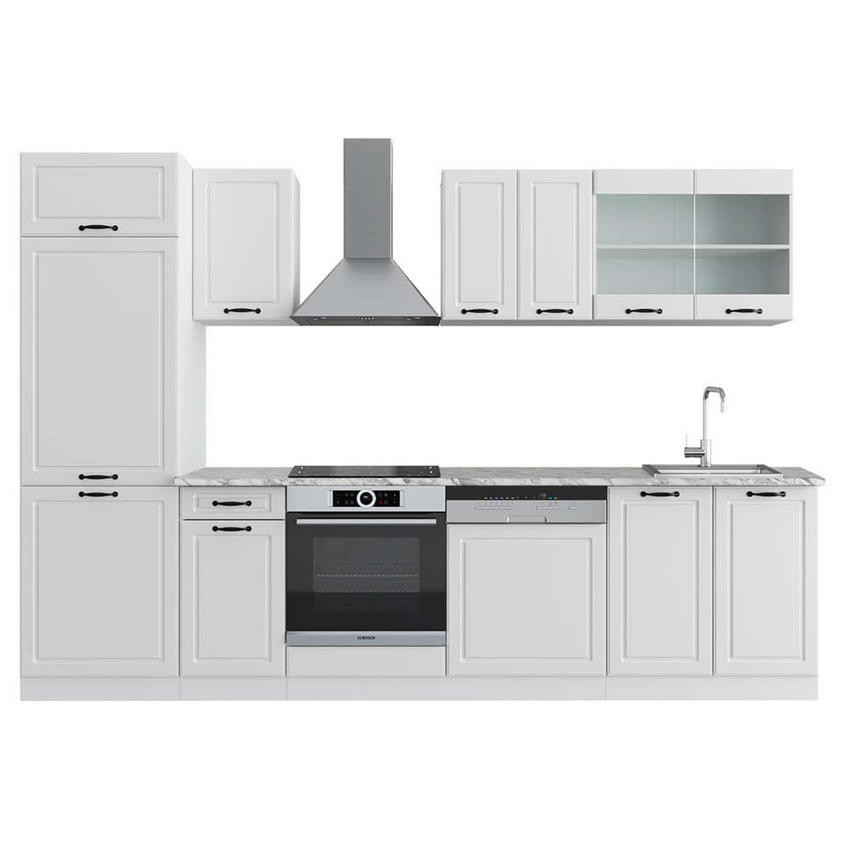 KÜCHE R-Line Weiß Landhaus/Weiß 300 cm, AP Marmor - Weiß, Holzwerkstoff (300/81.6/60cm) - Vicco