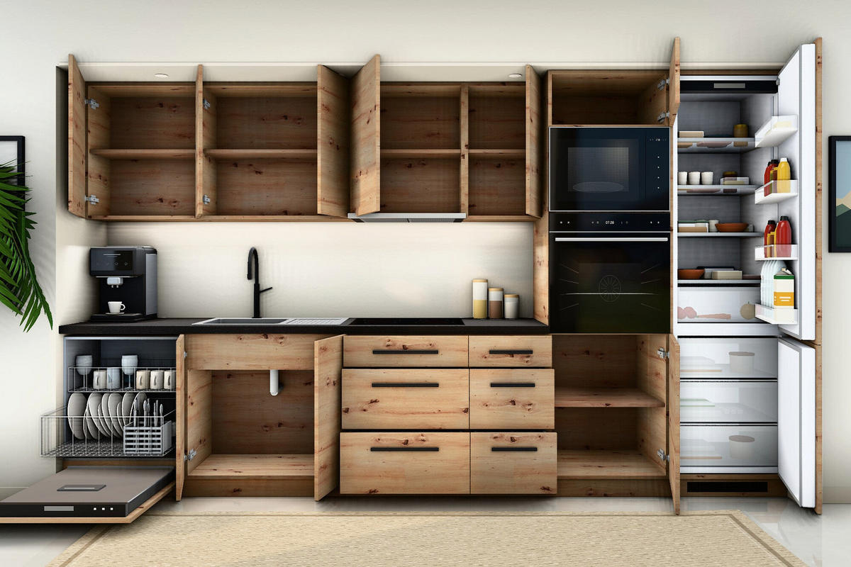 KÜCHENZEILE Nexa Woodline & Artisan-Eiche – 360 cm – KÜ-NEXA-002 - Hellbraun, Holzwerkstoff (360/212/58cm) - ROYAL24_MARKT