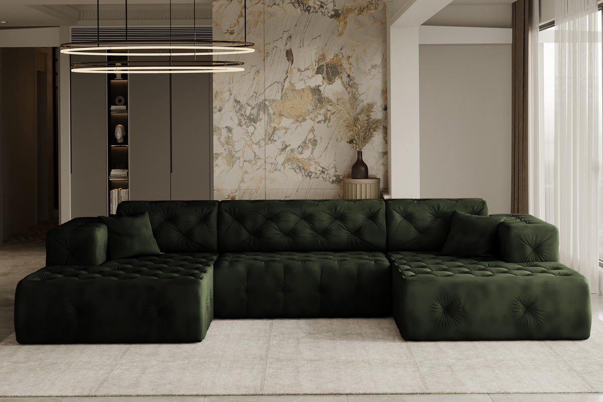 ECKSOFA LUX U-Form, Gesteppt, Stoff Whisper, Grün - Dunkelgrau, Holz/Textil (350/171cm) - Kaiser Möbel