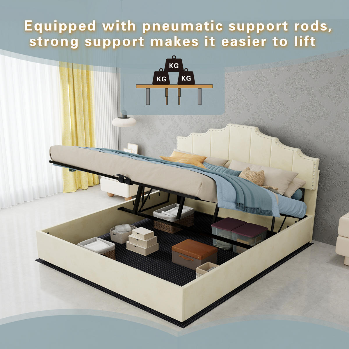 POLSTERBETT 160/200 cm mit Matratze, hydraulischem Bettkasten und geometrischem Kopfteil, Beige - Beige, Textil (160/200cm) - Redom