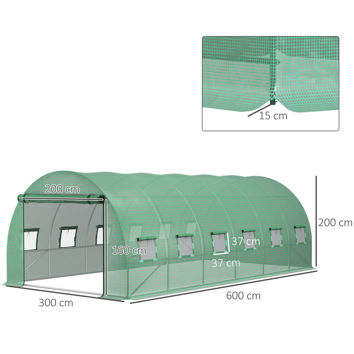 GEWÄCHSHAUSABDECKUNG, PE 12 Fenster vertiefte Kanten, grün - Dunkelgrün, Kunststoff (300/200/600cm) - Vallsero