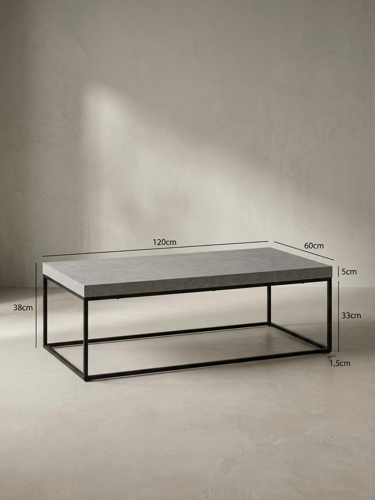 COUCHTISCH in Stein-Optik mit Metallbeinen, Modernes Design, Rechteckig, Groß, Grau 120x60x38 cm - Schwarz/Grau, Holzwerkstoff/Metall (60/120/38cm) - KADIMA DESIGN