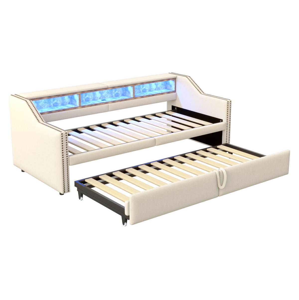 POLSTERBETT 90/180 x 200 cm aus Leinenstoff mit Ausziehfunktion LED und USB Beige - Beige, Textil (90/180cm) - Modenvie