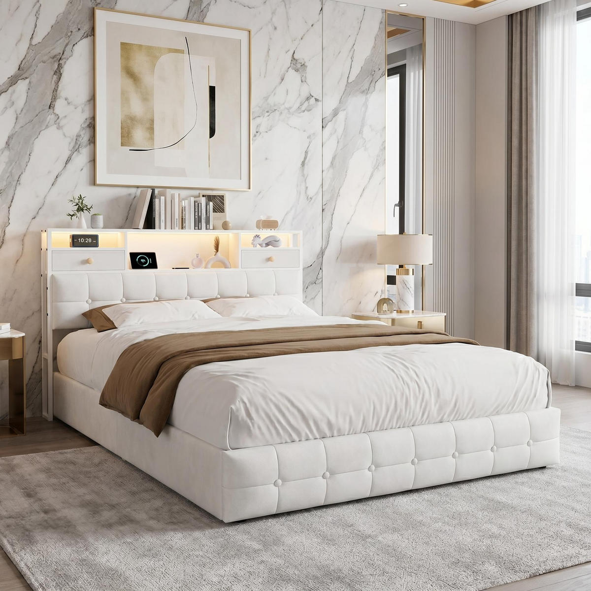 BETT mit hydraulischem Bettkasten, 140/200 cm, mit Samtbezug, LED-Beleuchtung und USB-Anschlüssen, Beige - Beige, Textil/Metall (140/200cm) - Waldena