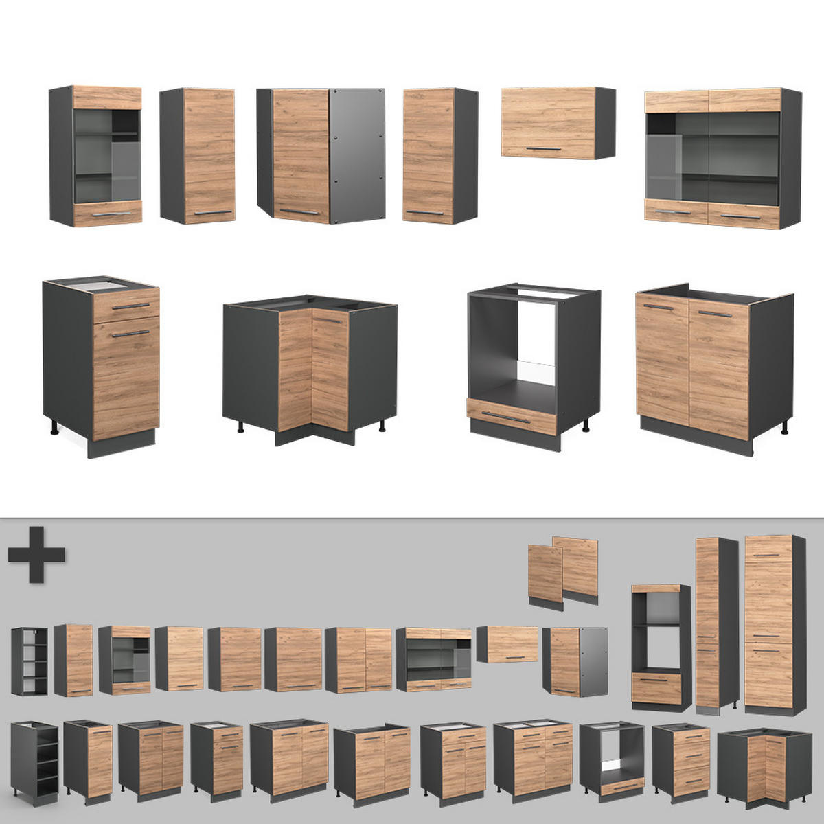 ECKKÜCHE Fame-Line Goldkraft Eiche/Anthrazit 160 x 190 cm, AP Marmor - Anthrazit/Eiche Wotan, Holzwerkstoff (190/81.6/60cm) - Vicco