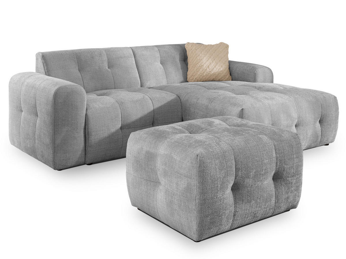 ECKSOFA inkl. Hocker Kozy im Bumpy-Design mit Schlaffunktion und fester Rückenlehne aus weichem Hellgrau Chenille-Stoff - Ottomane rechts - Hellgrau/Schwarz, Holz/Kunststoff (234/161cm) - S-Style Möbel