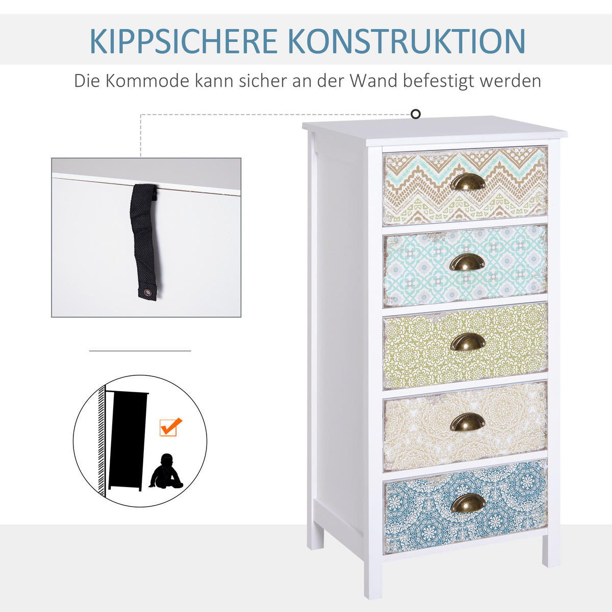 SCHUBLADENKOMMODE, MDF, Mehrfarbig, 46L x 34B x 97,5H cm - Multicolor, Metall (34/97.5/46cm) - HOMCOM