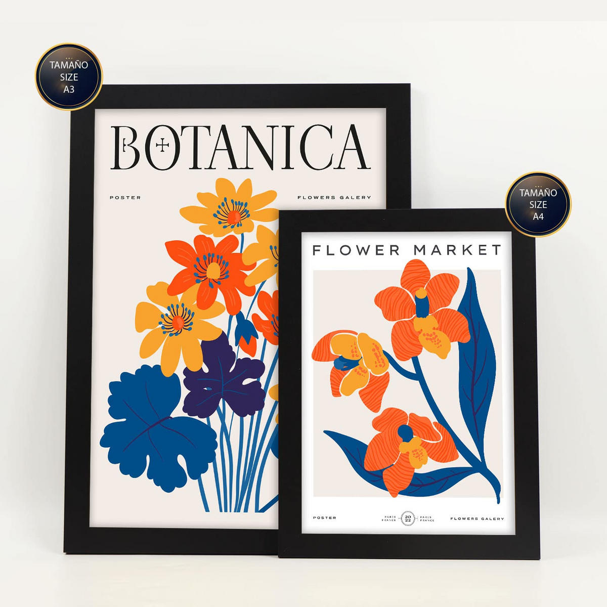 POSTER Set Mit 6 Blumen Leben In Orange Natur Und Botanikdrucke Für Innenarchitektur A3 & A4 Schwarzer Rahmen - Schwarz, Papier (29/3cm) - Nacnic