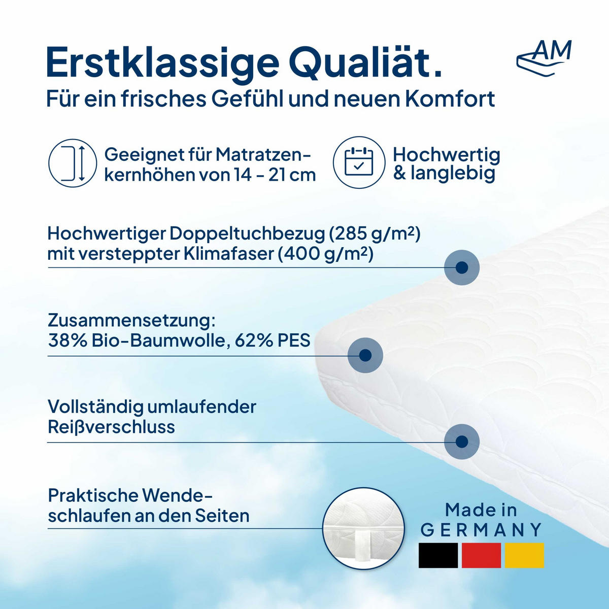 MATRATZENBEZUG Bio Baumwolle 140/200cm für 14cm Kernhöhe - Weiß, Textil (140/200cm) - AM Qualitätsmatratzen