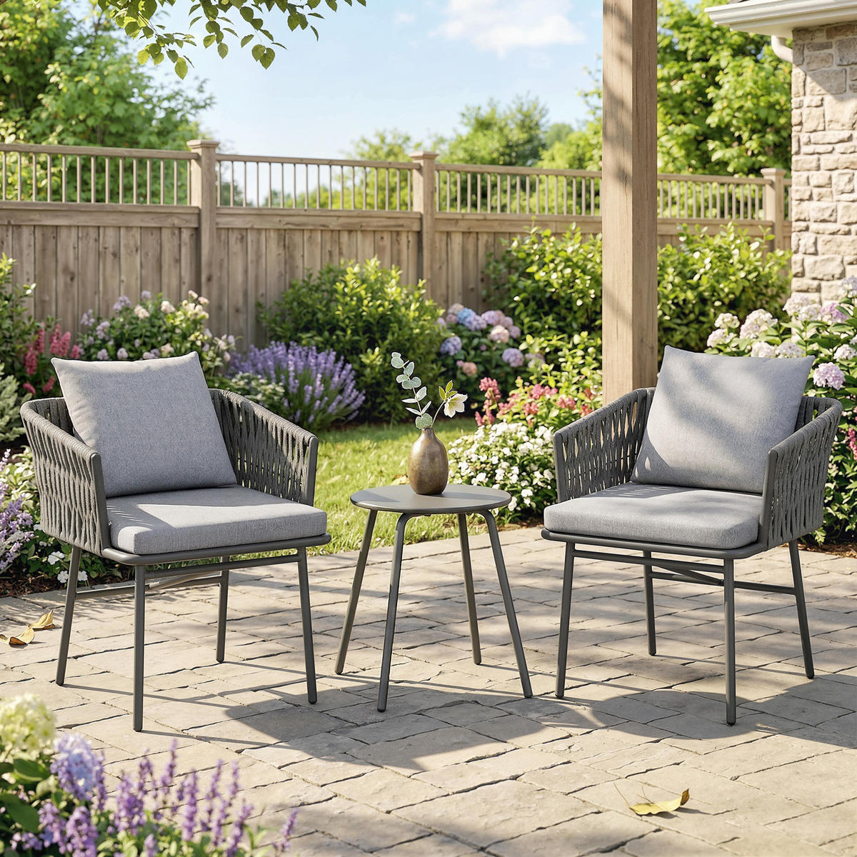 BISTRO-SET DE-06735 3-teilig, 2 Stühle & Tisch, mit 4 Kissen Grau - Grau, Kunststoff/Metall - ComfortXL