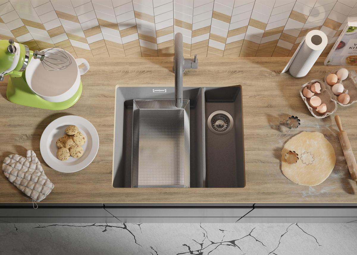 UNTERBAUSPÜLE GRANIT London Duo, 2-er set Grau 56/47 cm 1,5 Becken + Küchenarmatur 38/14 cm + Ablauf-Set ab 60er Unterschrank - Grau, Kunststoff (56/20/47cm) - Primagran