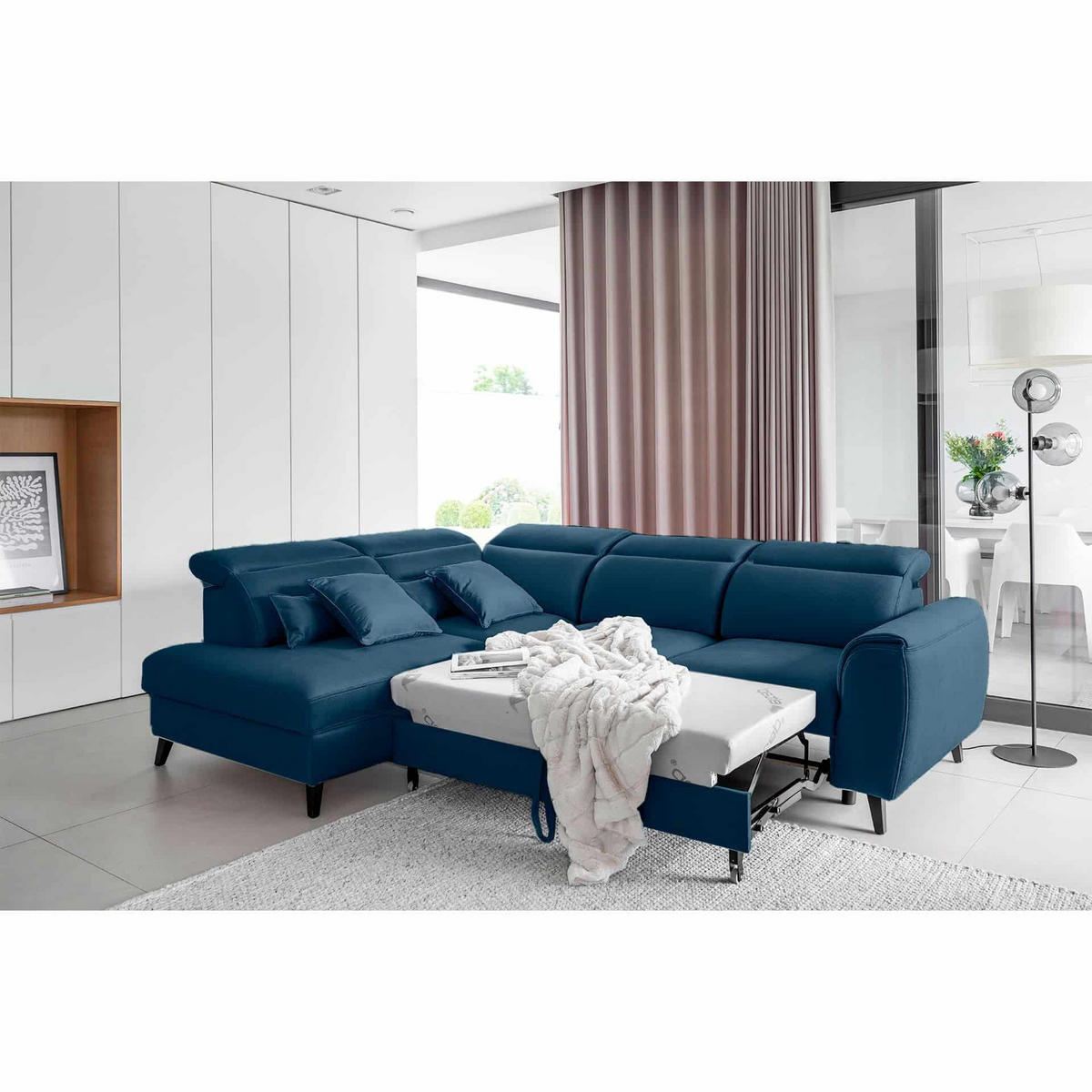 ECKSOFA mit Schlaffunktion & Bettkasten - Schwarz/Dunkelblau, Holz/Textil (255/201cm) - Eltap