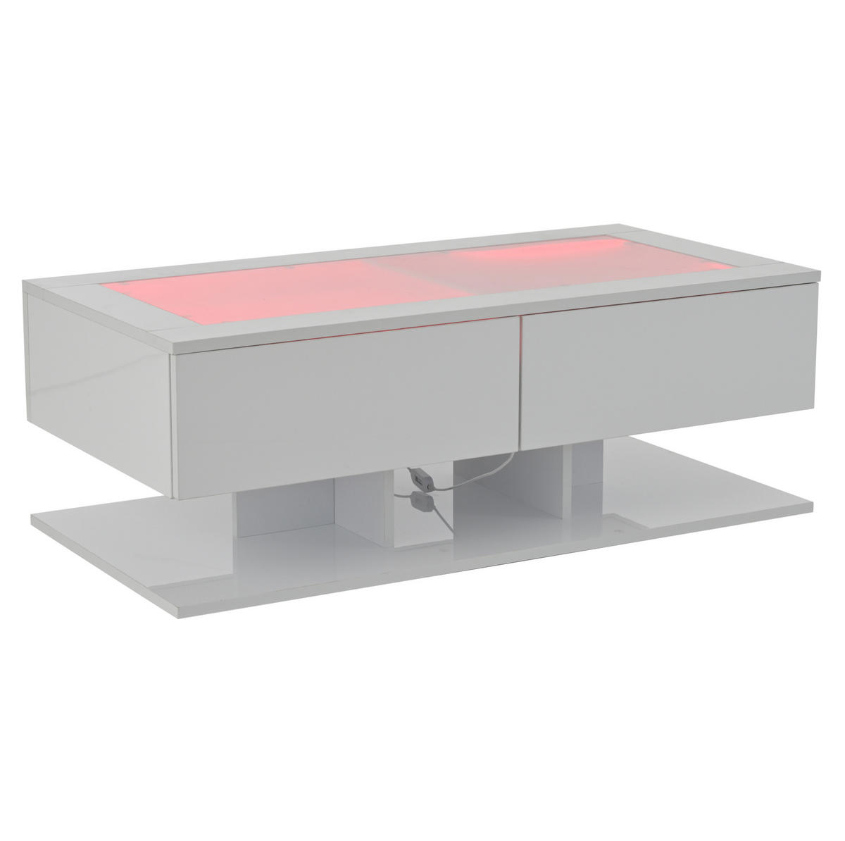 COUCHTISCH aus Spanplatte und gehärtetem Glas 100x50x35 cm Weiß mit 2 Schubladen und LED-Beleuchtung - Weiß, Holzwerkstoff (100/50/35cm) - IVMEU