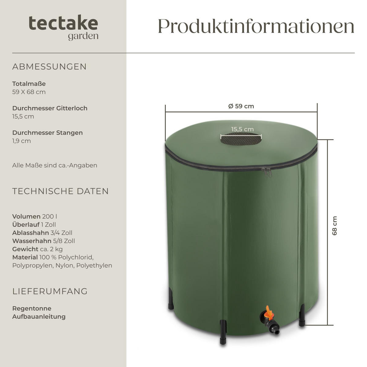 REGENTONNE , Oberseite abnehmbar, grün - Grün, Kunststoff (59/68/59cm) - tectake
