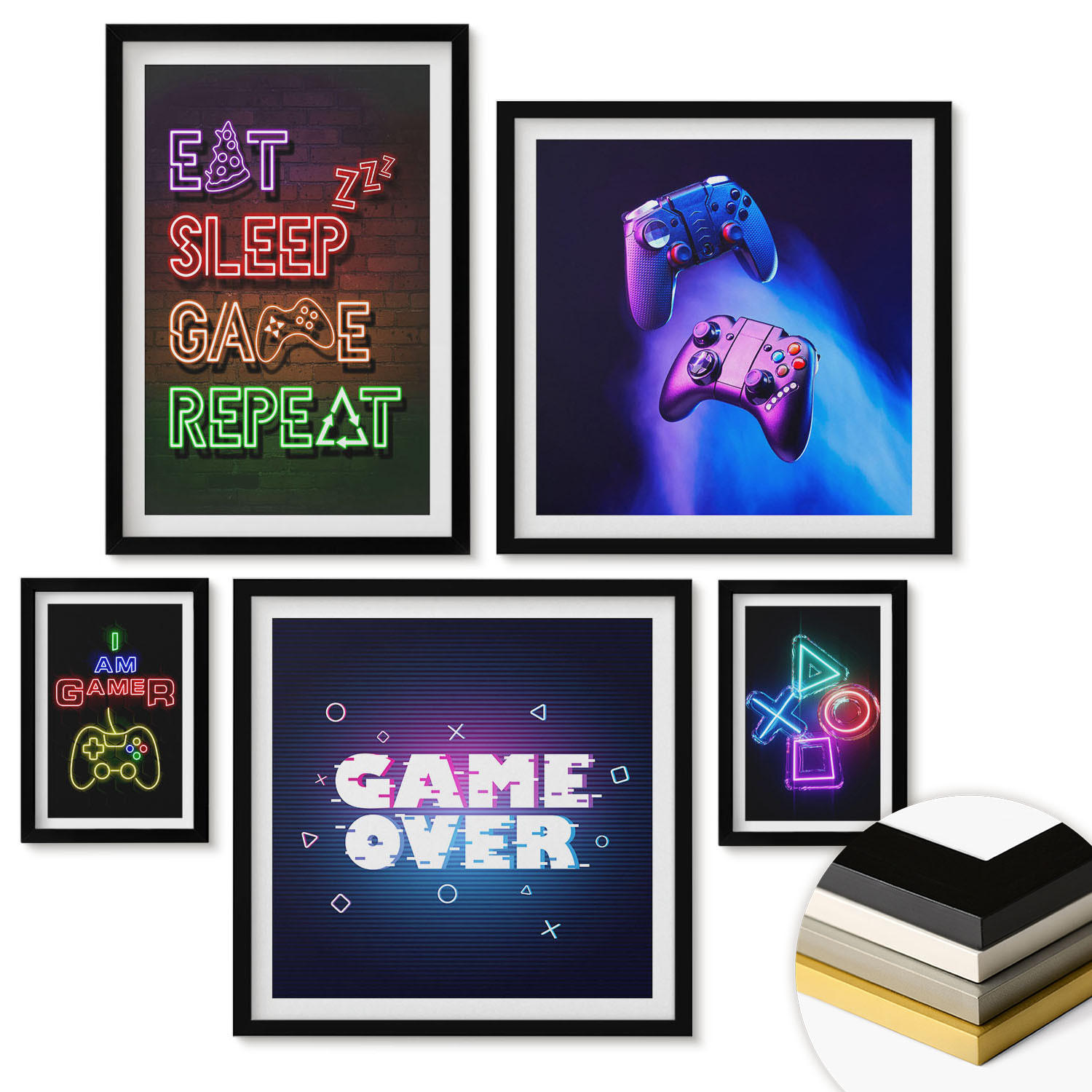 WANDBILDER 5er-Set - 50x50 cm & 20x30 cm & 40x60 cm Schwarzer Rahmen - Gamepads, Spielersymbol-Untertitel - Schwarz, Kunststoff (40/60cm) - ArtPrintCave