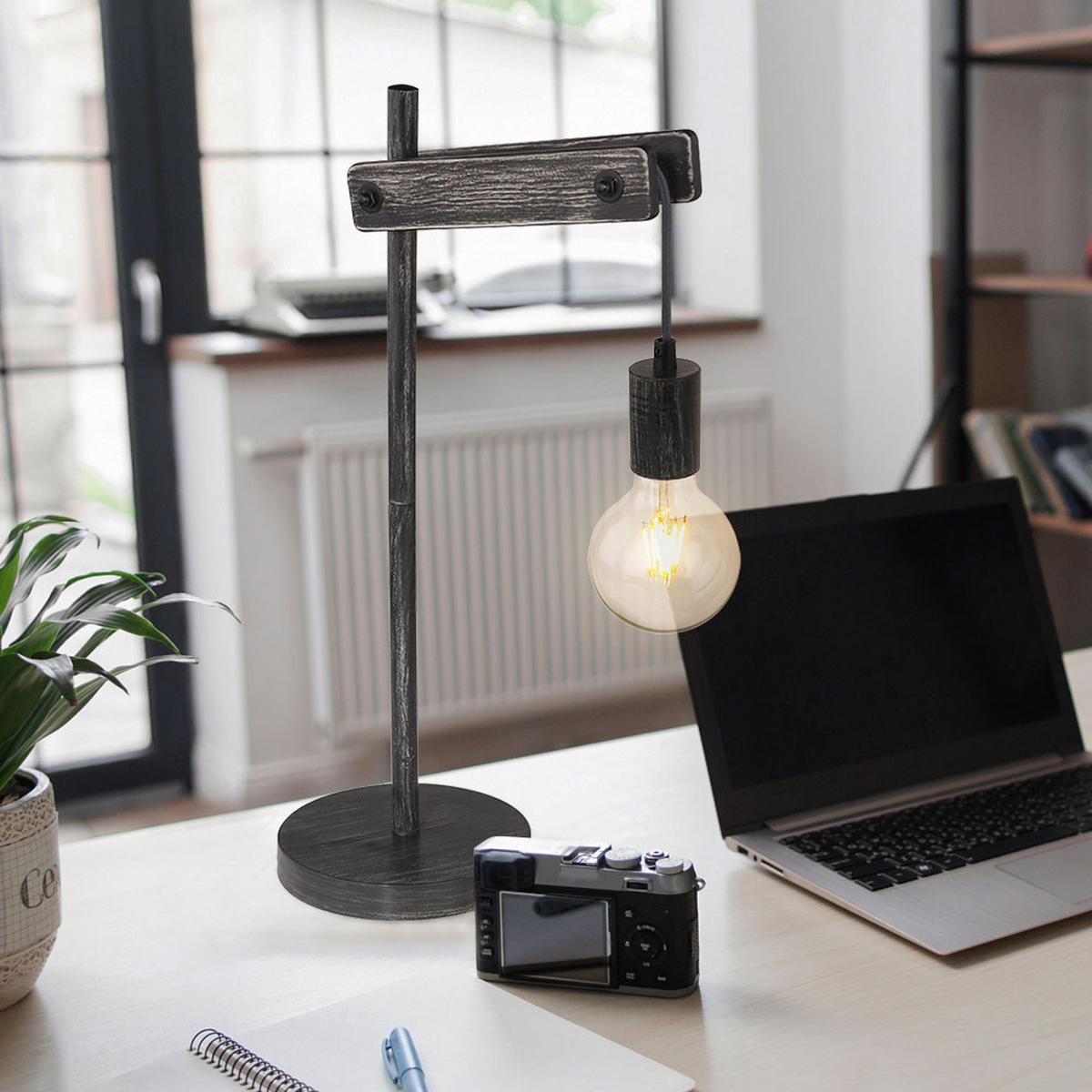TISCHLEUCHTE Metall Schwarz-matt Holzoptik - Schwarz, Holz (27.5/18/56.5cm) - Globo Lighting