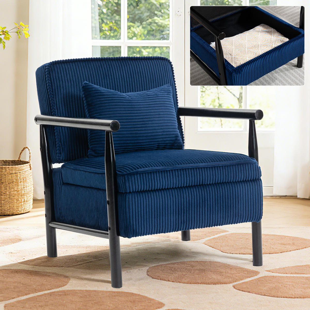 SESSEL Samt Blau mit Lendenkissen und Ablage - Blau, Holzwerkstoff/Textil (93/73/66cm) - WISHDOR