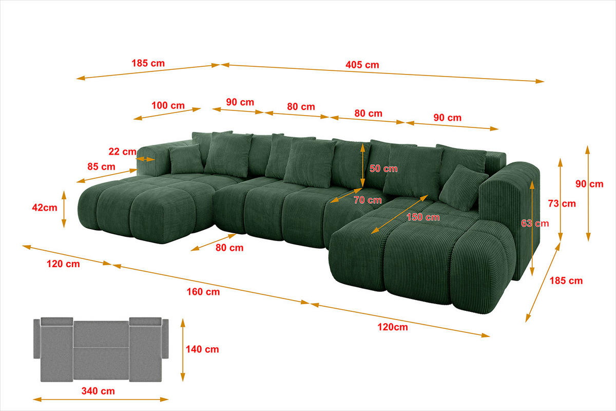 WOHNLANDSCHAFT CLOUD-U-v1 405x185x90 Grün Cord - Grün, Holzwerkstoff/Kunststoff (405/90/185cm) - ALTDECOR