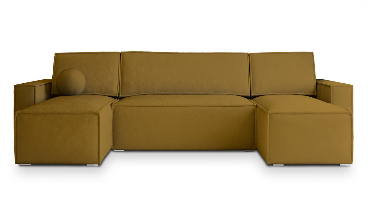 WOHNLANDSCHAFT PESANO M Gelb Velours-Stoff mit Schlaffunktion - Gelb, Holz (306/85/140cm) - MASSENO