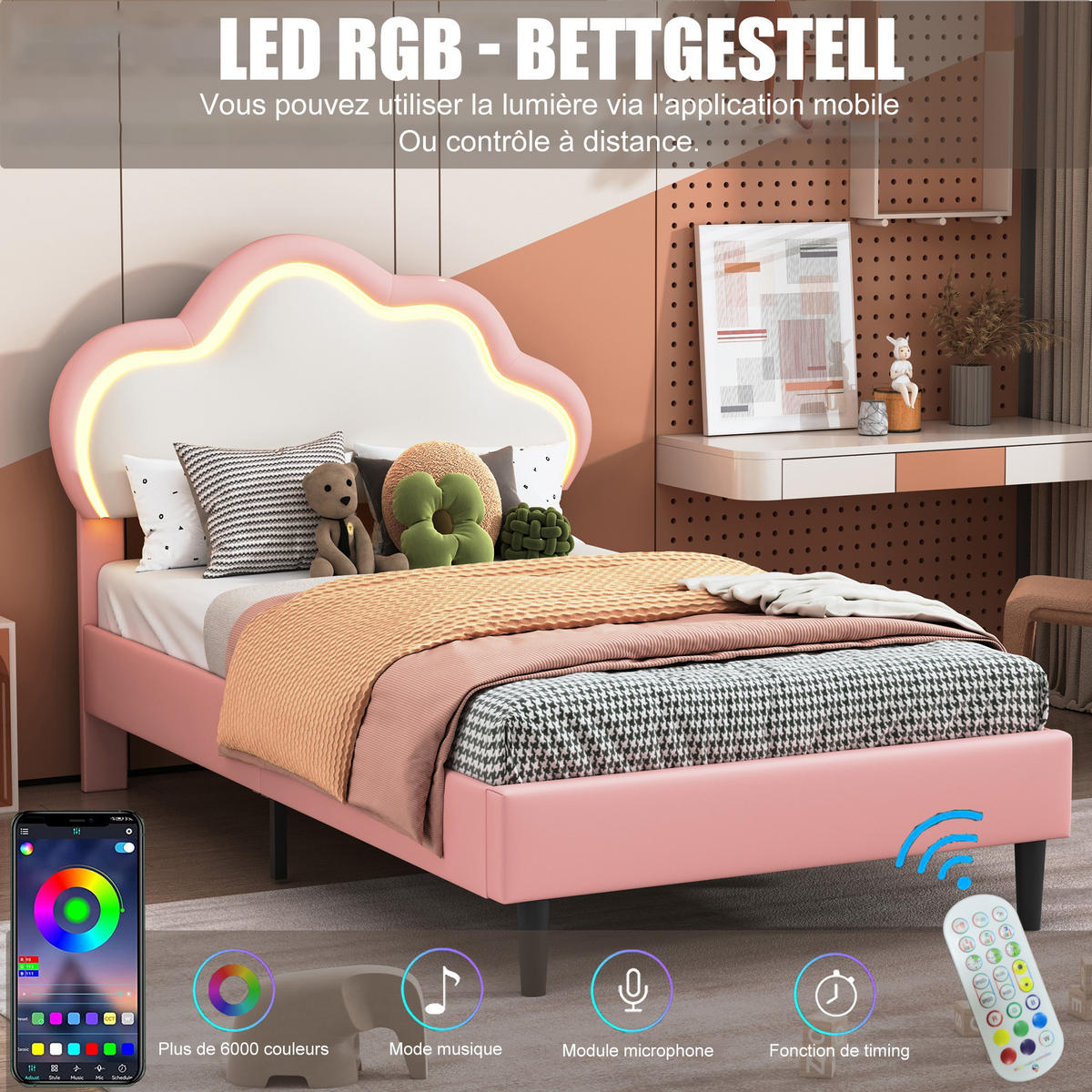 POLSTERBETT 90x200 cm PU rosa LED Kopfteil verstellbar Wolkenmuster - Rosa, Holz (90/200cm)