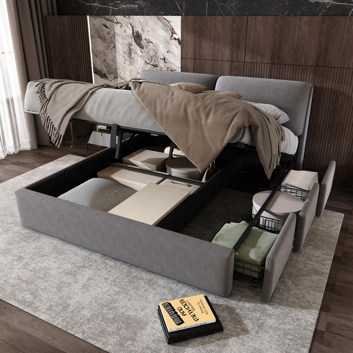 POLSTERBETT 180/200 cm aus Samt mit Bettkasten und 3 Schubladen Grau - Grau, Textil (180/200cm) - Modenvie