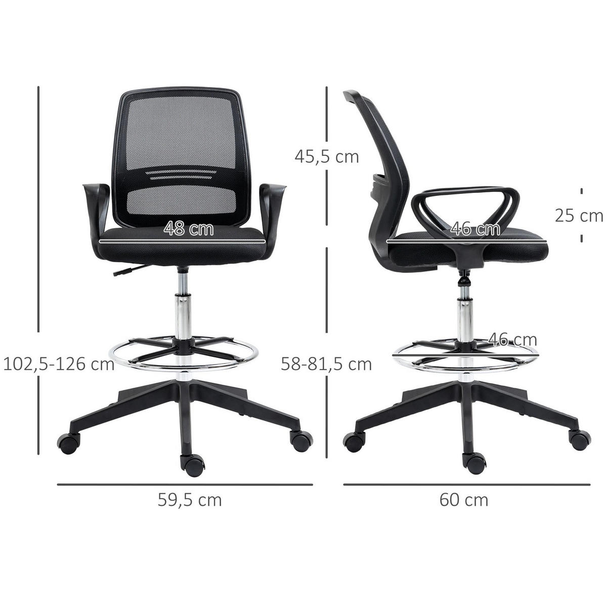 BÜROSTUHL in Schwarz 60x59,5x126 cm, höhenverstellbar, mit Fußstütze und Rollen - Schwarz, Kunststoff (59.5/126/60cm) - IVMEU