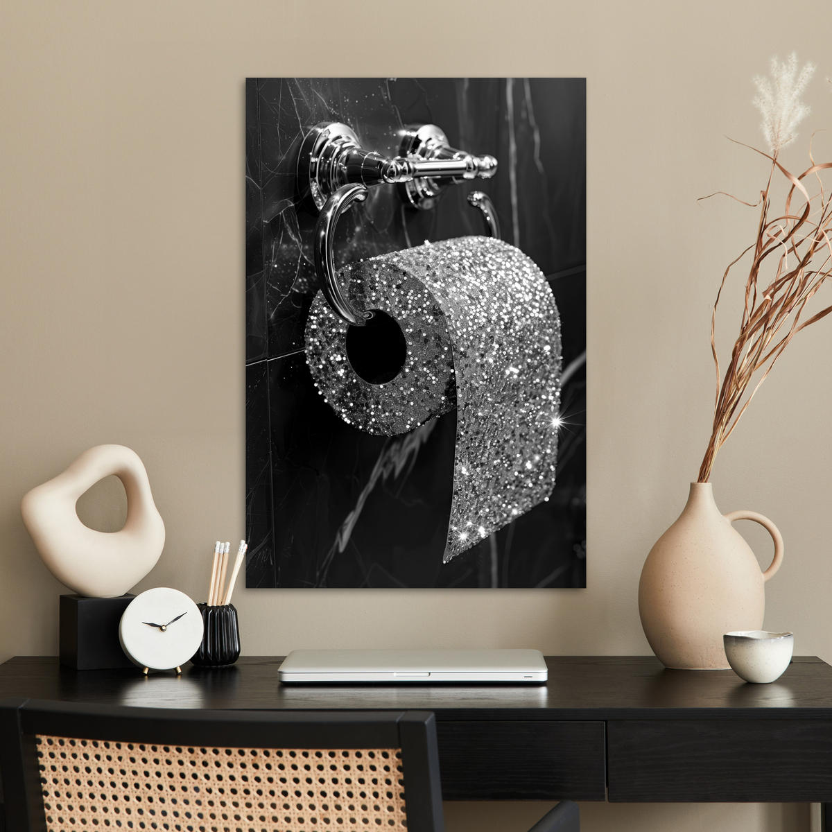 POSTER WC - Toilettenpapier - Schwarz und weiß - Glitter 40x60 cm - Silberfarben, Papier (40/60/0.1cm) - MuchoWow